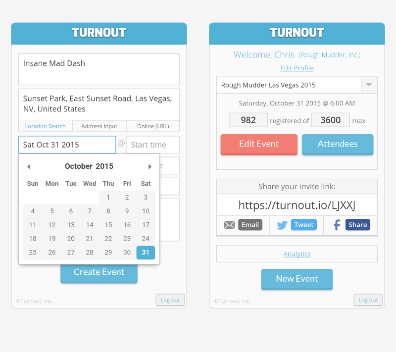 Turnout mobile UI screenshots
